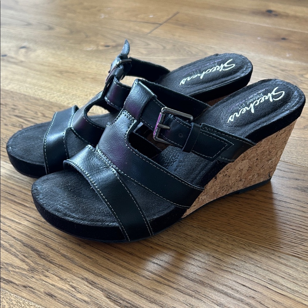 Skechers 3.5" Black Cork Wedge Slide Sandals with Adjustable Buckles